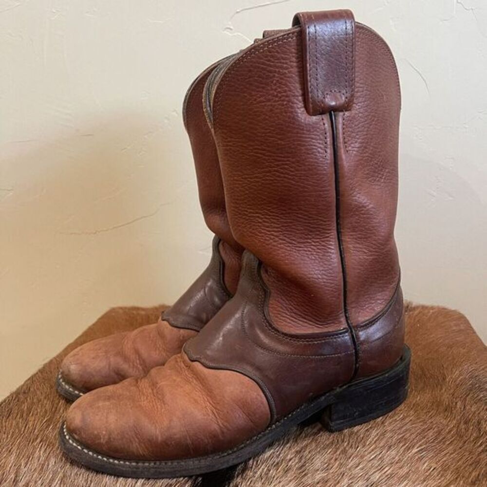 Vtg Olathe Cowboy Boots Made in USA Two Tone Saddle Strap Almond Toe Women's 6.5